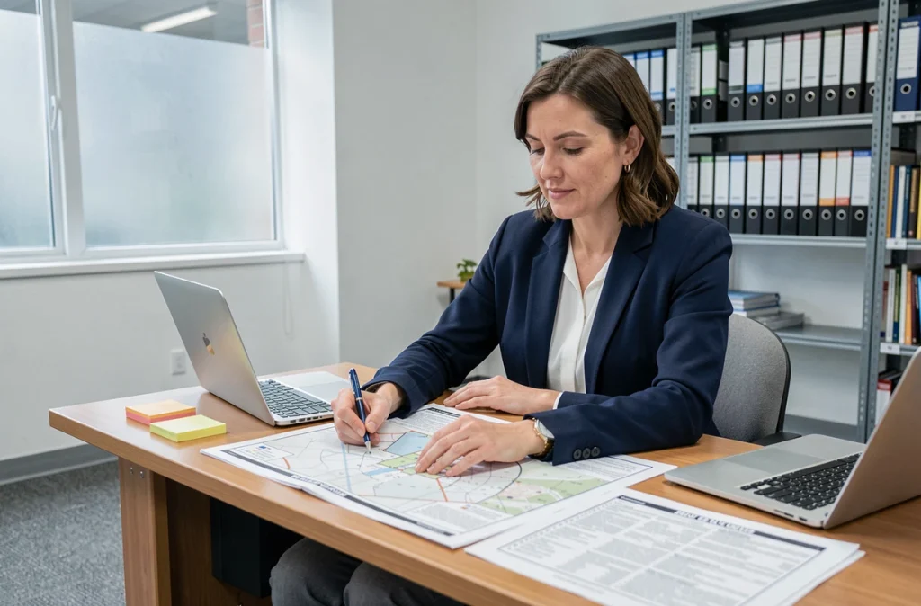 Urbaniste examinant des cartes de zonage PLU et réglementations dans un bureau de mairie