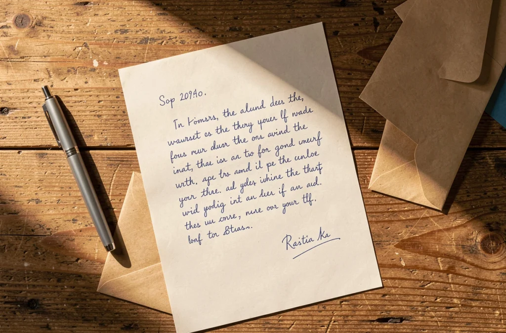 Lettre manuscrite posée sur une table avec un stylo