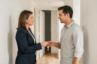 Femme professionnelle remettant des clés à un locataire dans un couloir d'appartement moderne, illustration d'une attestation de remise de clé