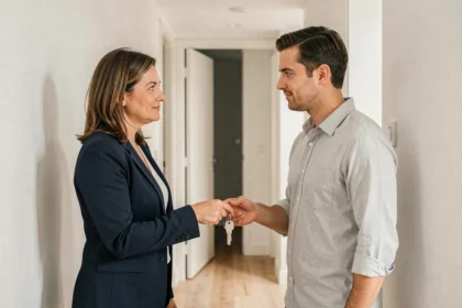 Femme professionnelle remettant des clés à un locataire dans un couloir d'appartement moderne, illustration d'une attestation de remise de clé