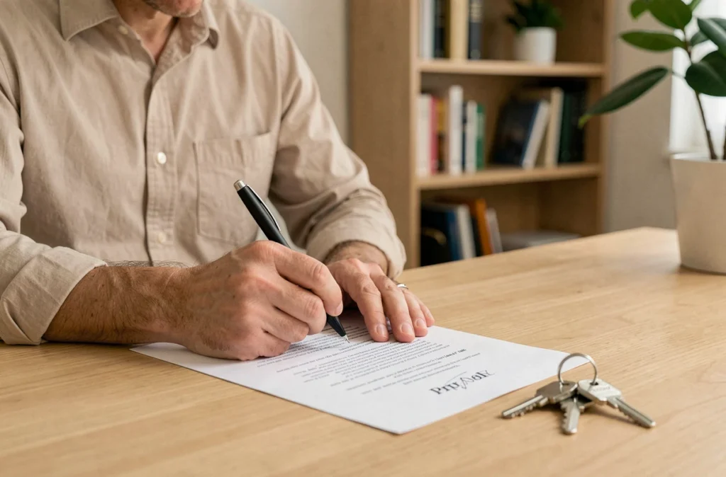 Homme signant une attestation de remise de clé imprimée avec un stylo, clés de maison posées à côté du document sur un bureau en bois
